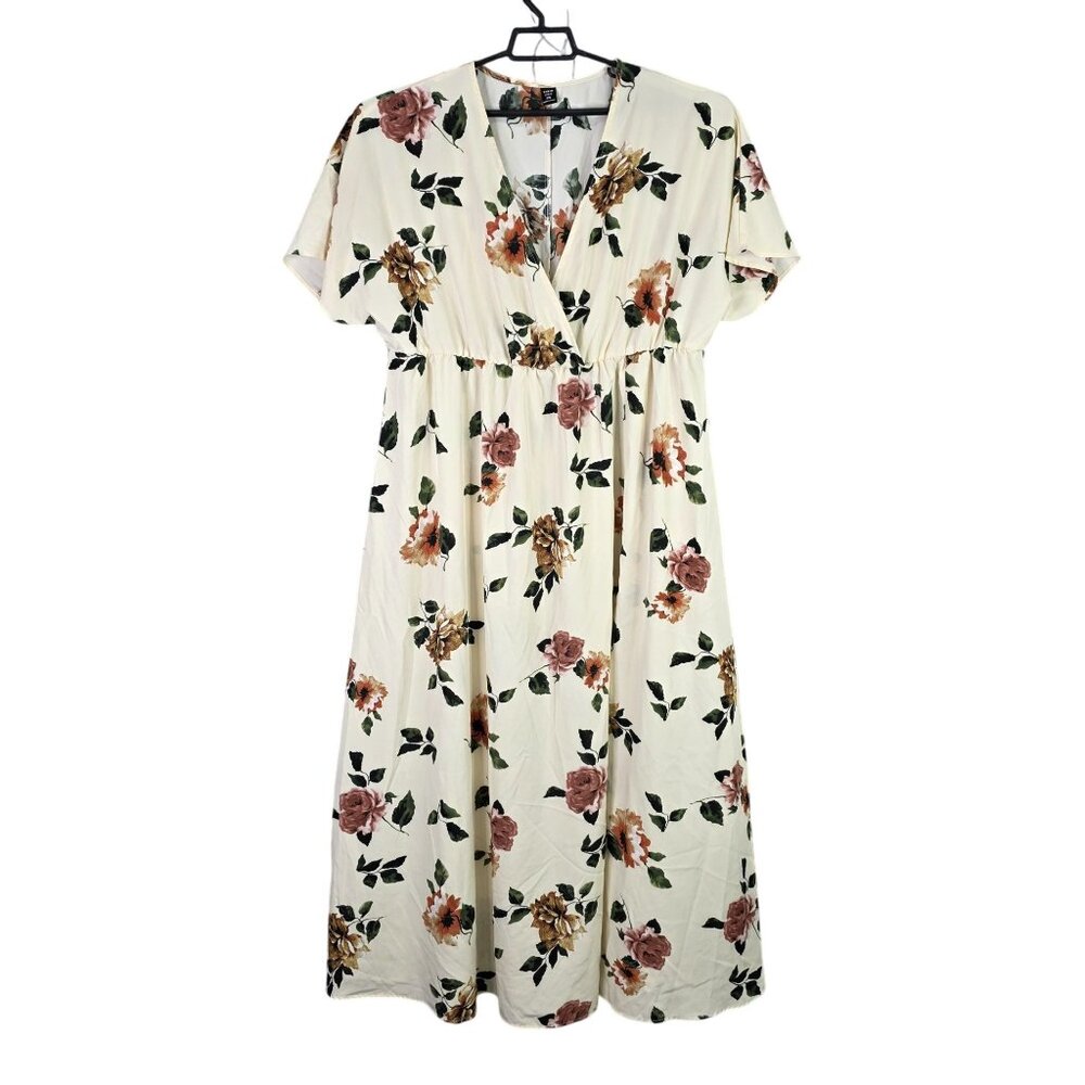 Womens Shein Curve Floral Print Dress Dolman Sleeve Slit Thigh Belted Size 2XL
